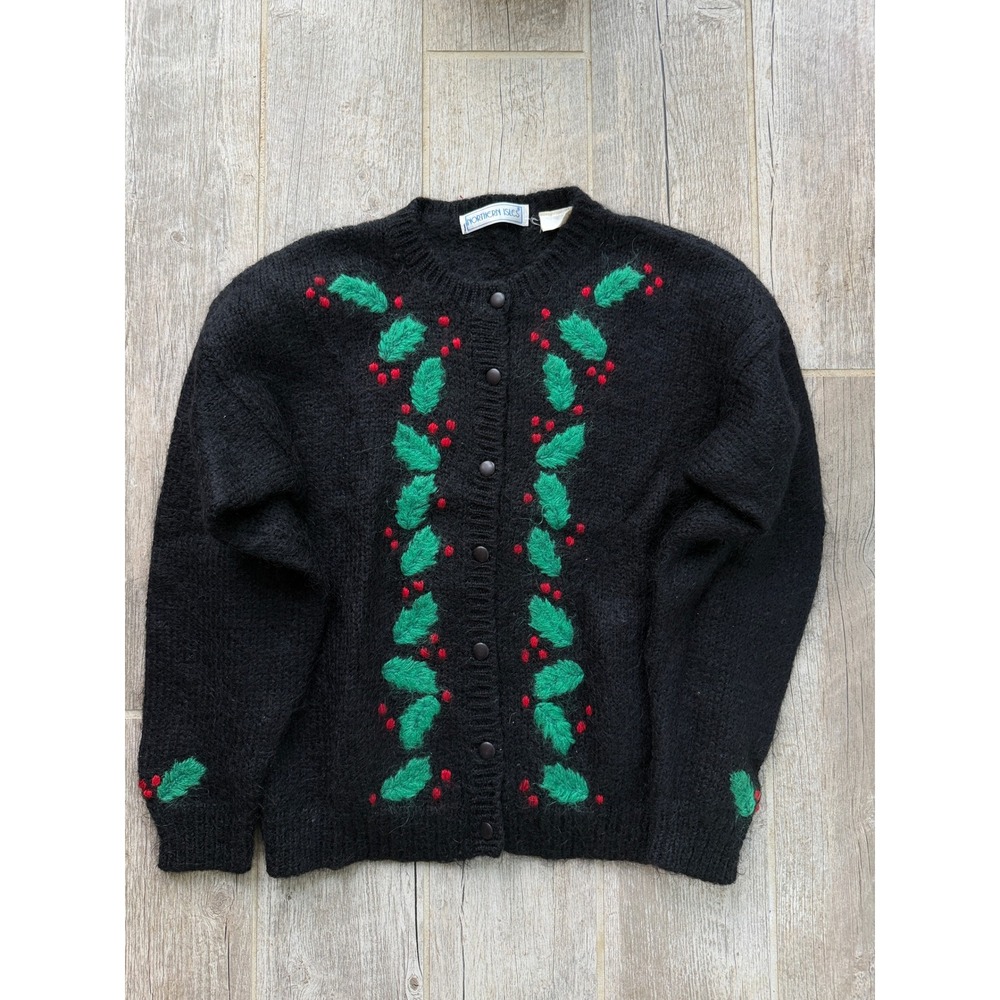 Northern Isles Cardigan Womens M Black Holly Berry Wool Sweater